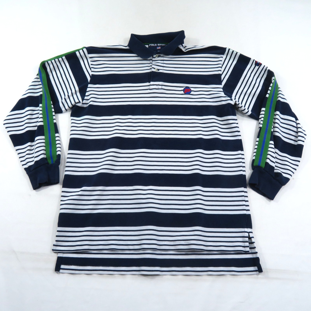 POLO Sport Rugby Shirt Striped Long Sleeve Blue White Green Sz L Vintage